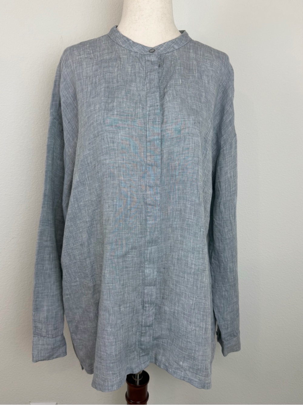 Eileen Fisher Chambray Band Collar Shirt in Light Blue Size Small